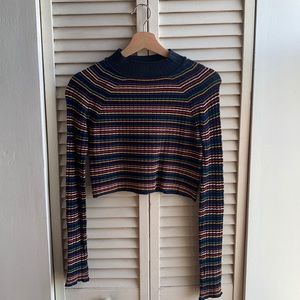 Zara navy blue and rainbow rainbow stripe mock turtleneck crop top sweater
